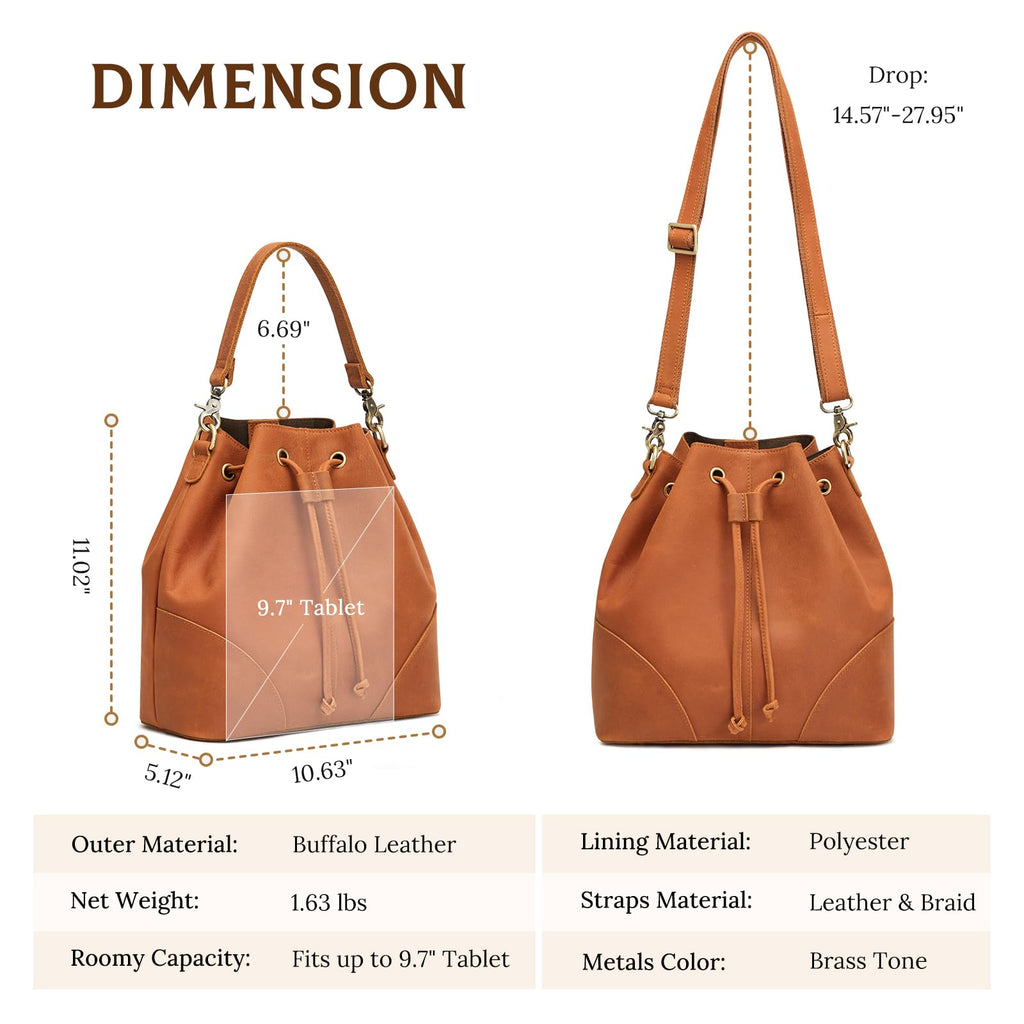 S-ZONE Luxe Leather Drawstring Bucket Bag -  by Handbags Specialist Headquarter | Available at Handbags Specialist Headquarter