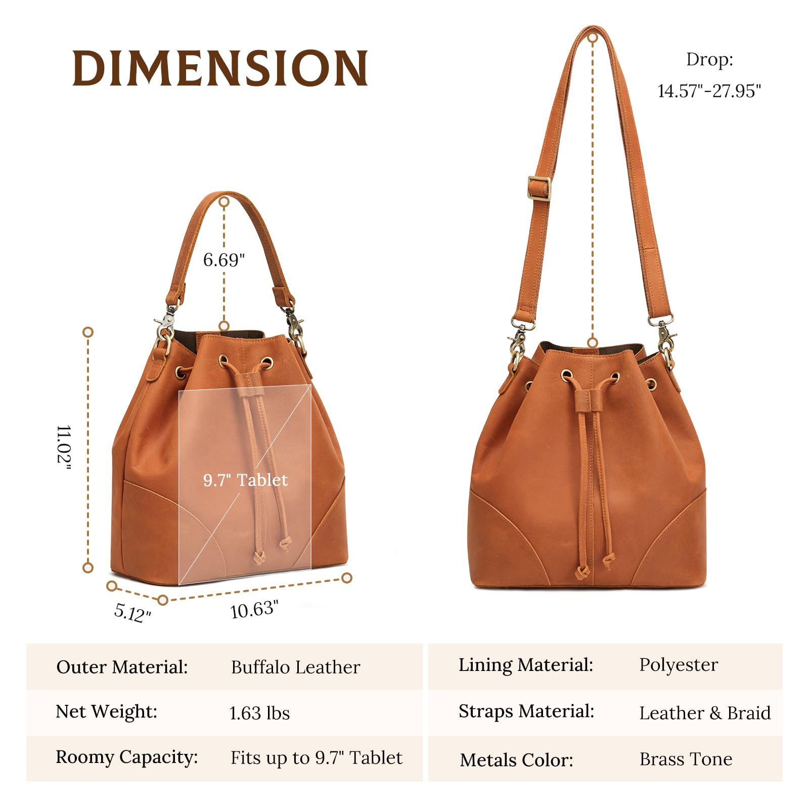 S-ZONE Luxe Leather Drawstring Bucket Bag -  by Handbags Specialist Headquarter | Available at Handbags Specialist Headquarter