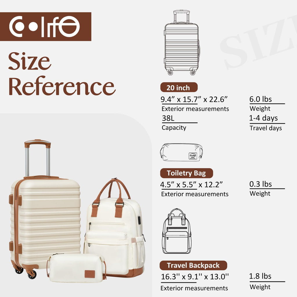 Coolife 3-Piece Hardside Luggage Set - Apricot White