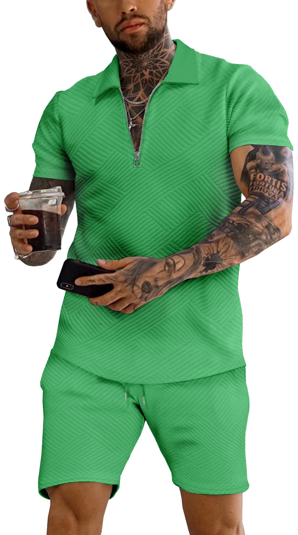 URRU Men's 2-Piece 3D Textured Polo & Shorts Set