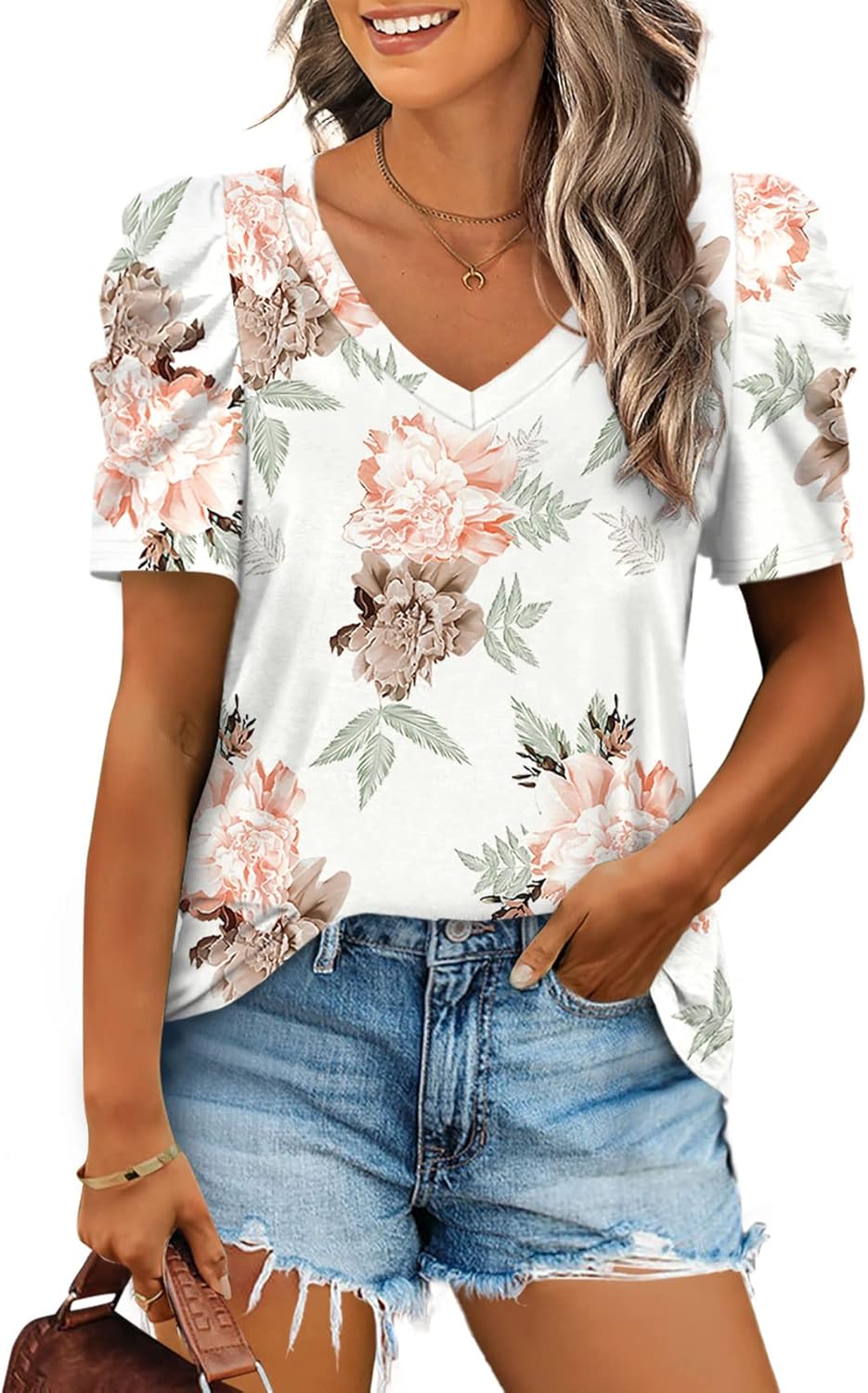 XIEERDUO Summer V-Neck Puff Sleeve Tee - All Sizes - Women's T Shirts by Handbags Specialist Headquarter | Available at Handbags Specialist Headquarter