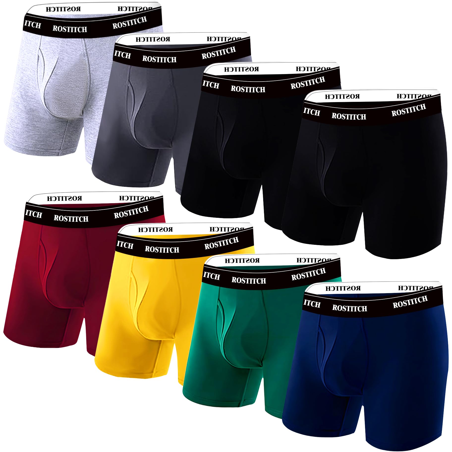 Assorted boxer briefs in gray, blue, black, red, yellow, green. Black waistband with white text.