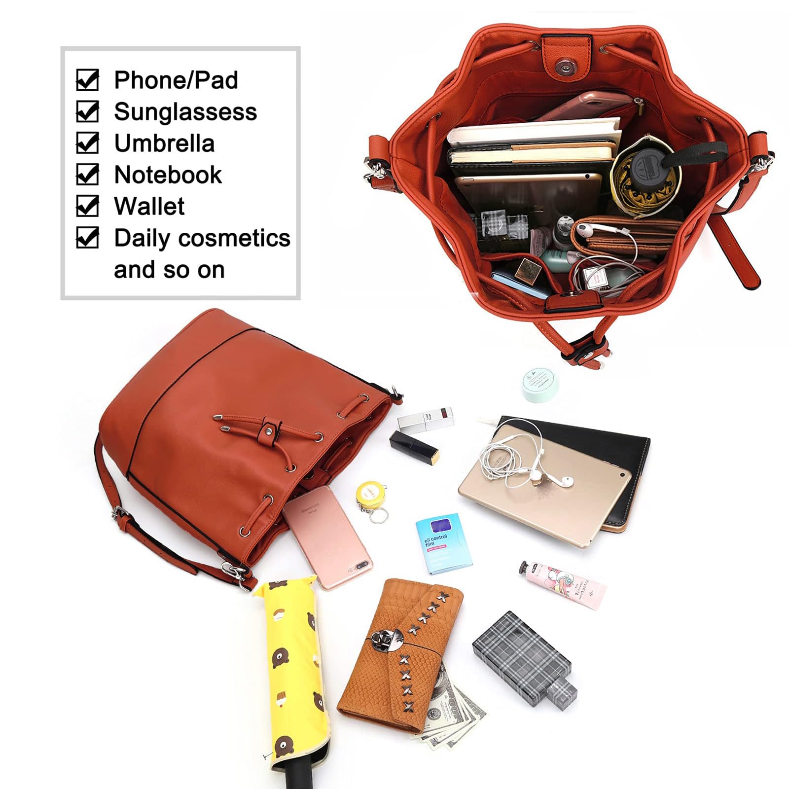 AFKOMST Chic Leather Bucket & Crossbody Bag Set -  by Handbags Specialist Headquarter | Available at Handbags Specialist Headquarter