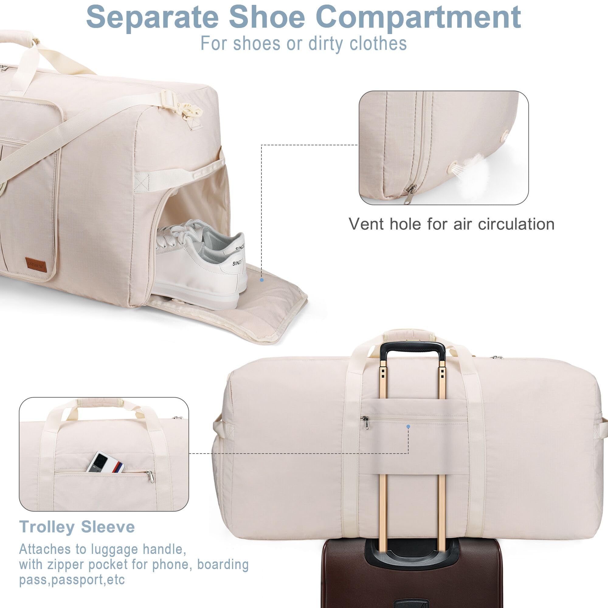 120L Foldable Waterproof Travel Duffel Bag with Shoe Compartment