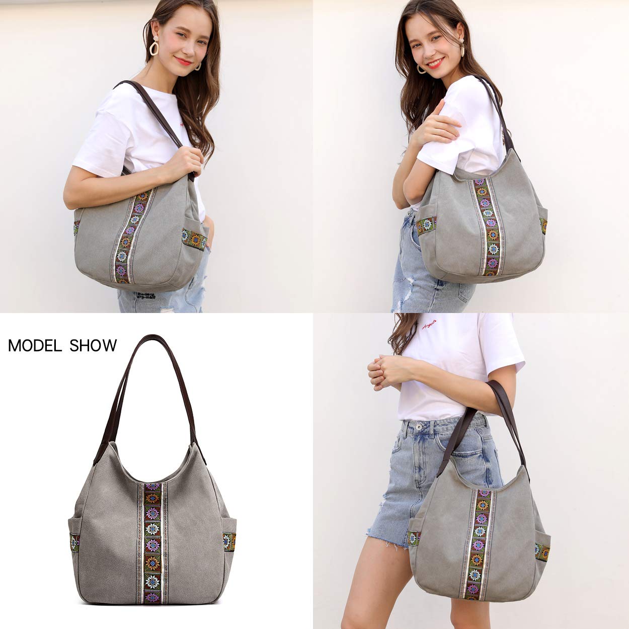 Worldlyda Women Canvas Embroidered Hobo Tote Bag