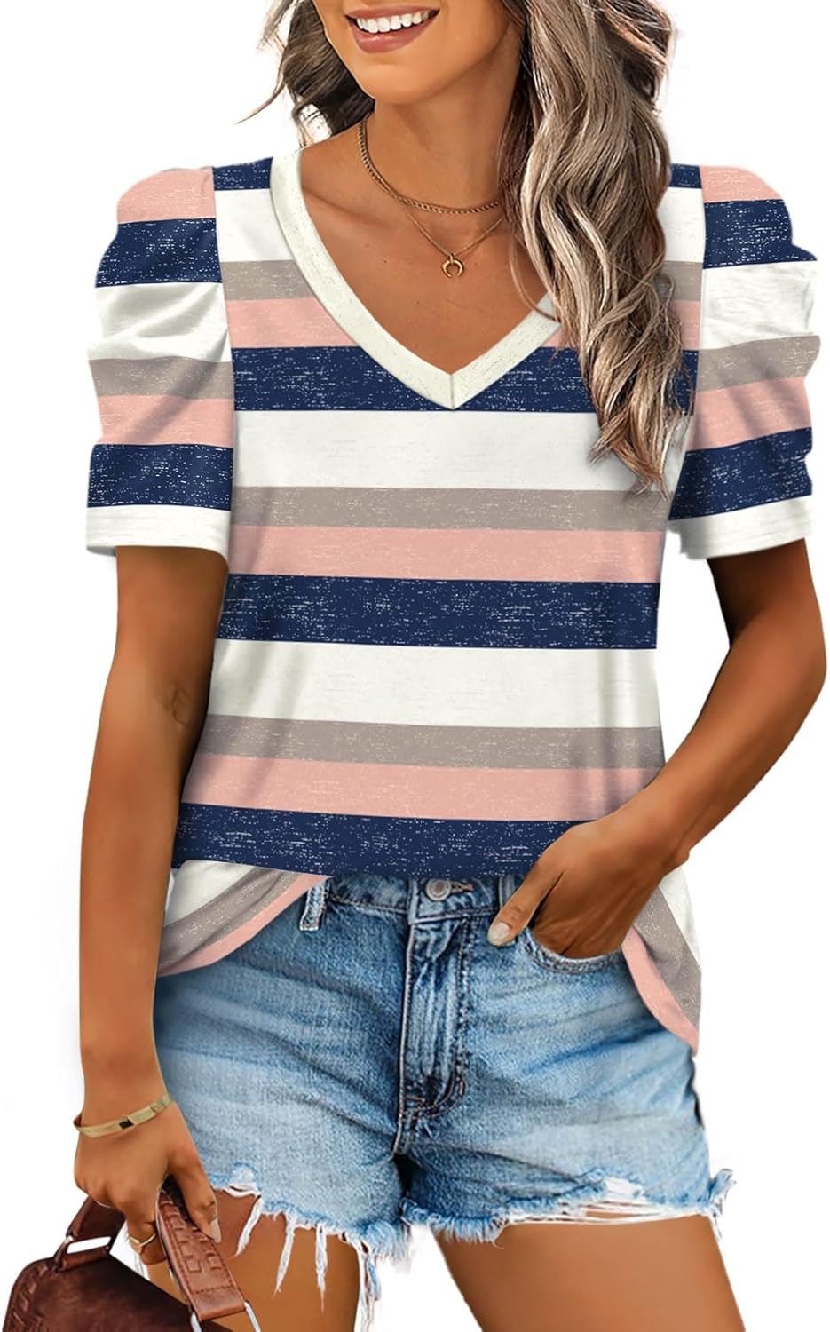XIEERDUO Summer V-Neck Puff Sleeve Tee - All Sizes - Women's T Shirts by Handbags Specialist Headquarter | Available at Handbags Specialist Headquarter