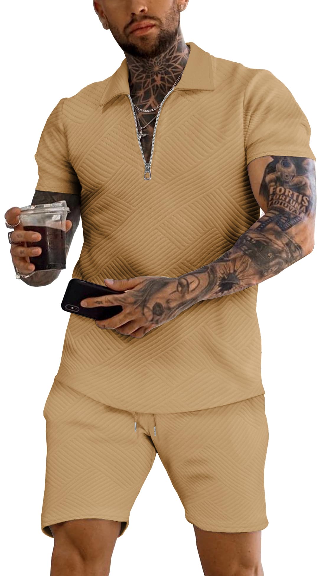 URRU Men's 2-Piece 3D Textured Polo & Shorts Set
