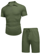 URRU Men's 2-Piece 3D Textured Polo & Shorts Set