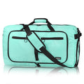 Teal duffle bag with black zippers and straps, featuring a padded shoulder strap and two front pockets.