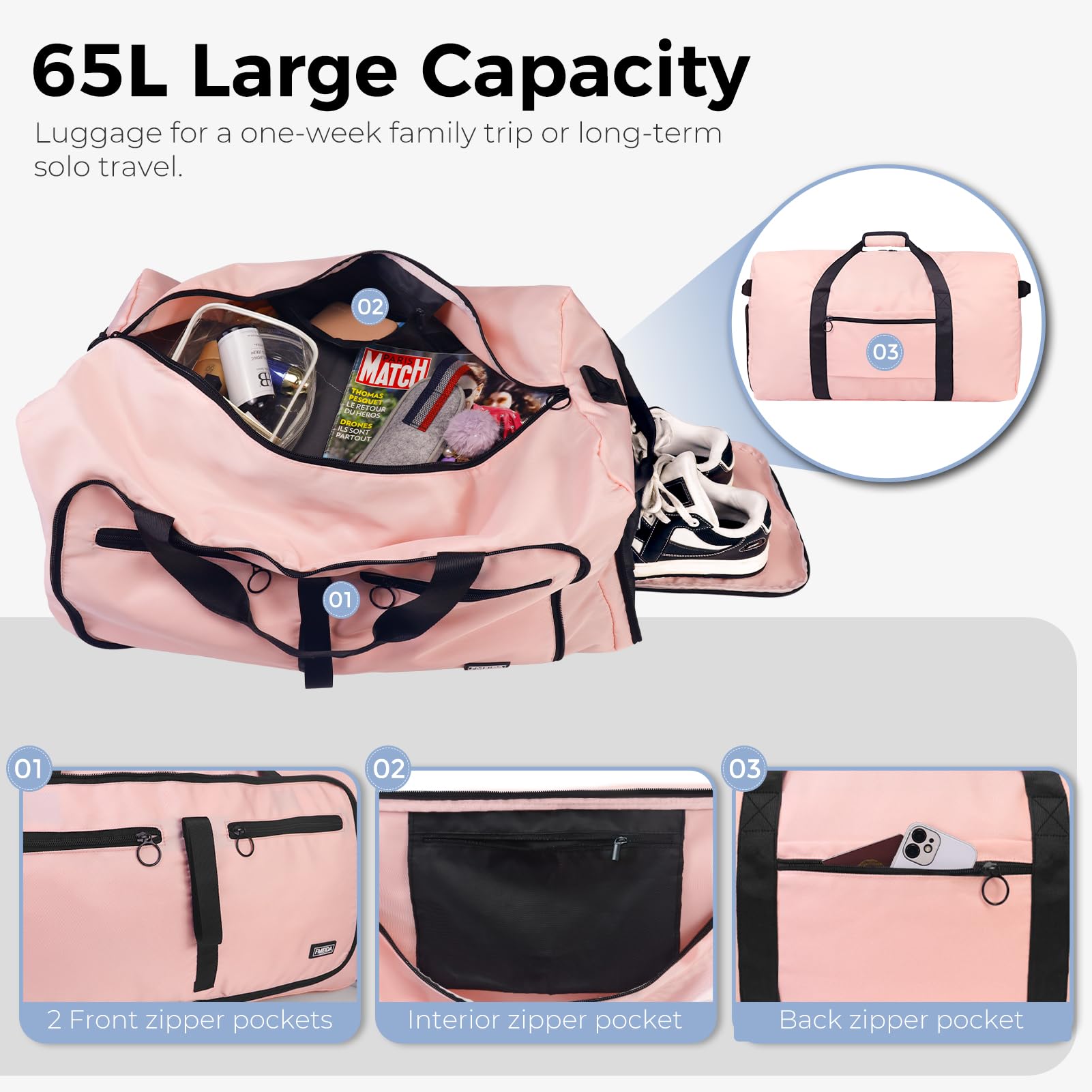 Foldable 65L Duffle Bag with Shoe Compartment