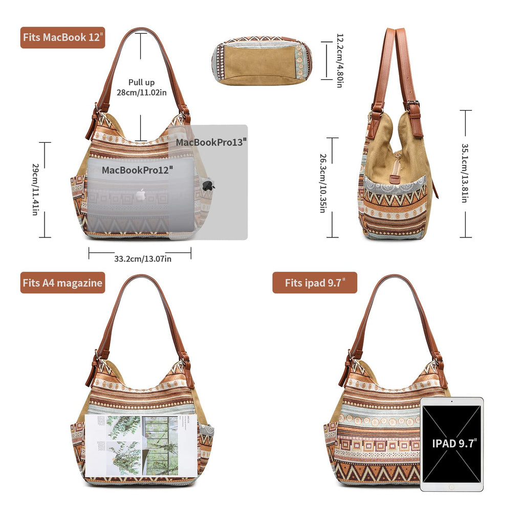 Worldlyda Women Canvas Embroidered Hobo Tote Bag