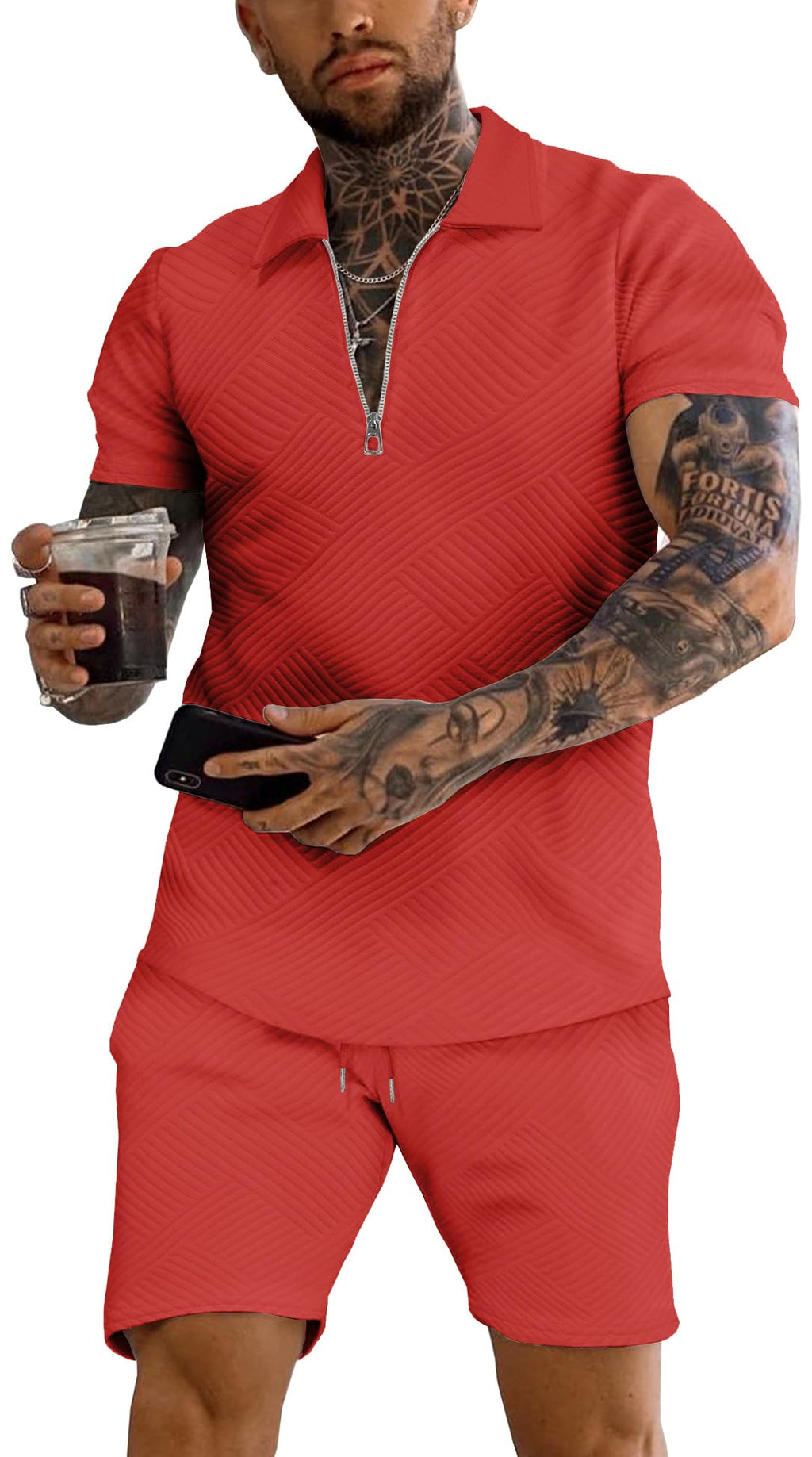 URRU Men's 2-Piece 3D Textured Polo & Shorts Set
