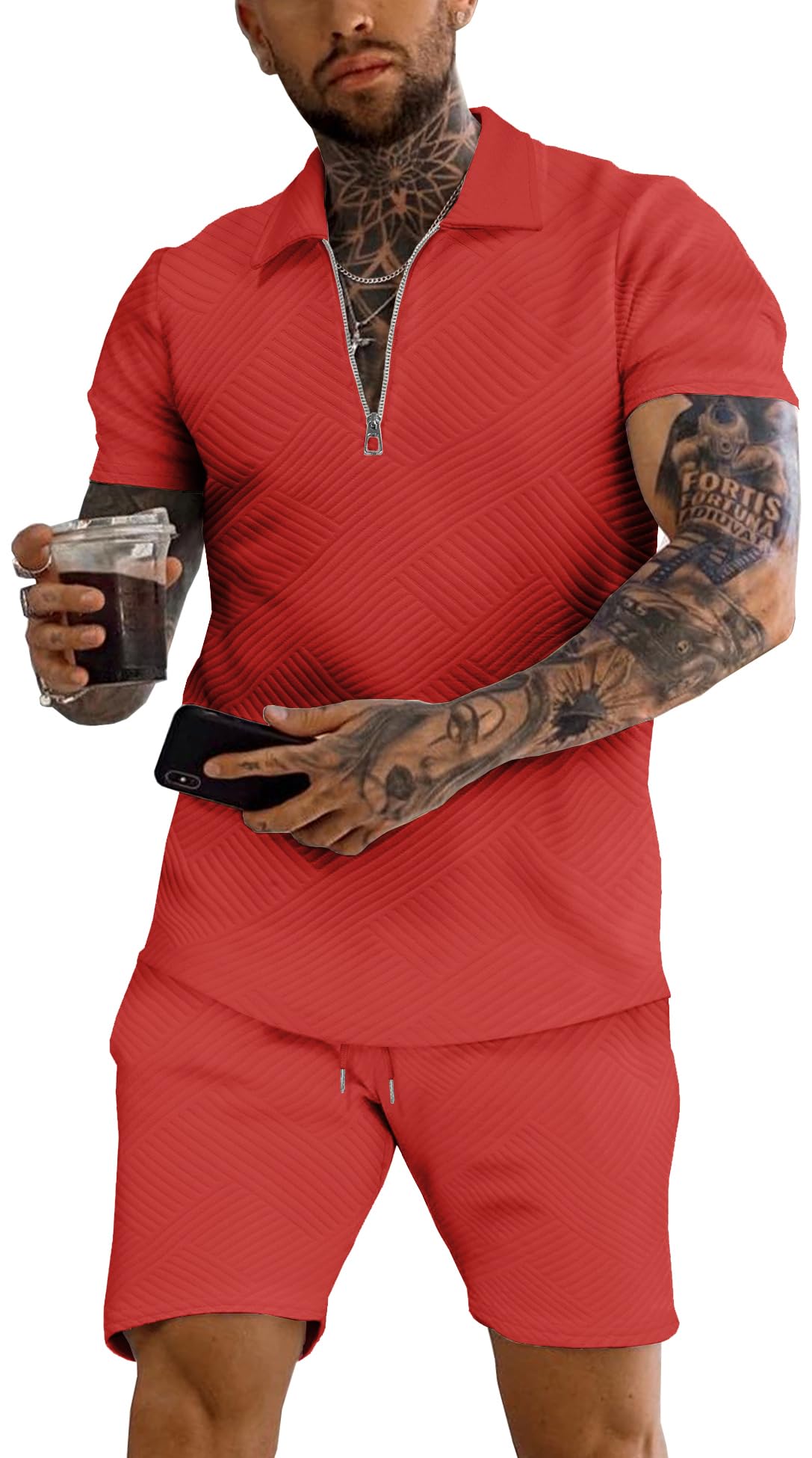URRU Men's 2-Piece 3D Textured Polo & Shorts Set