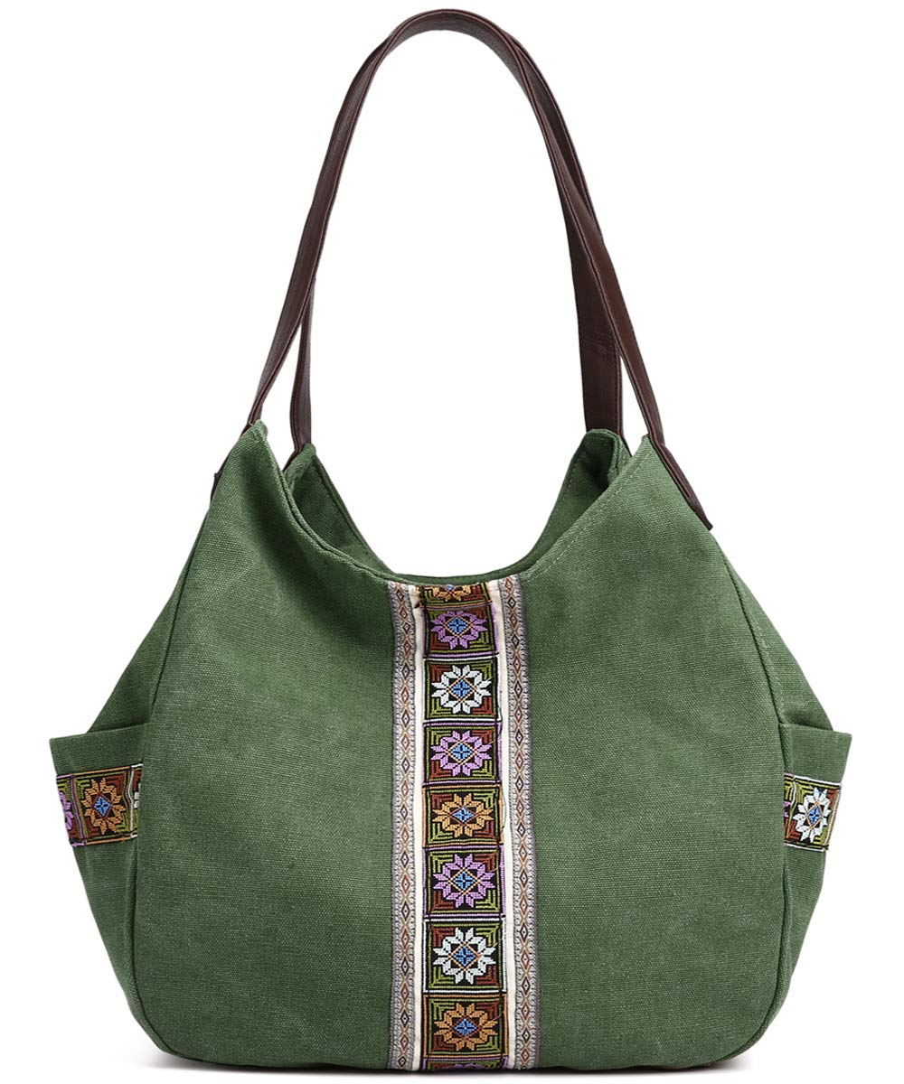 Green fabric tote bag with brown handles and colorful geometric embroidered patterns.