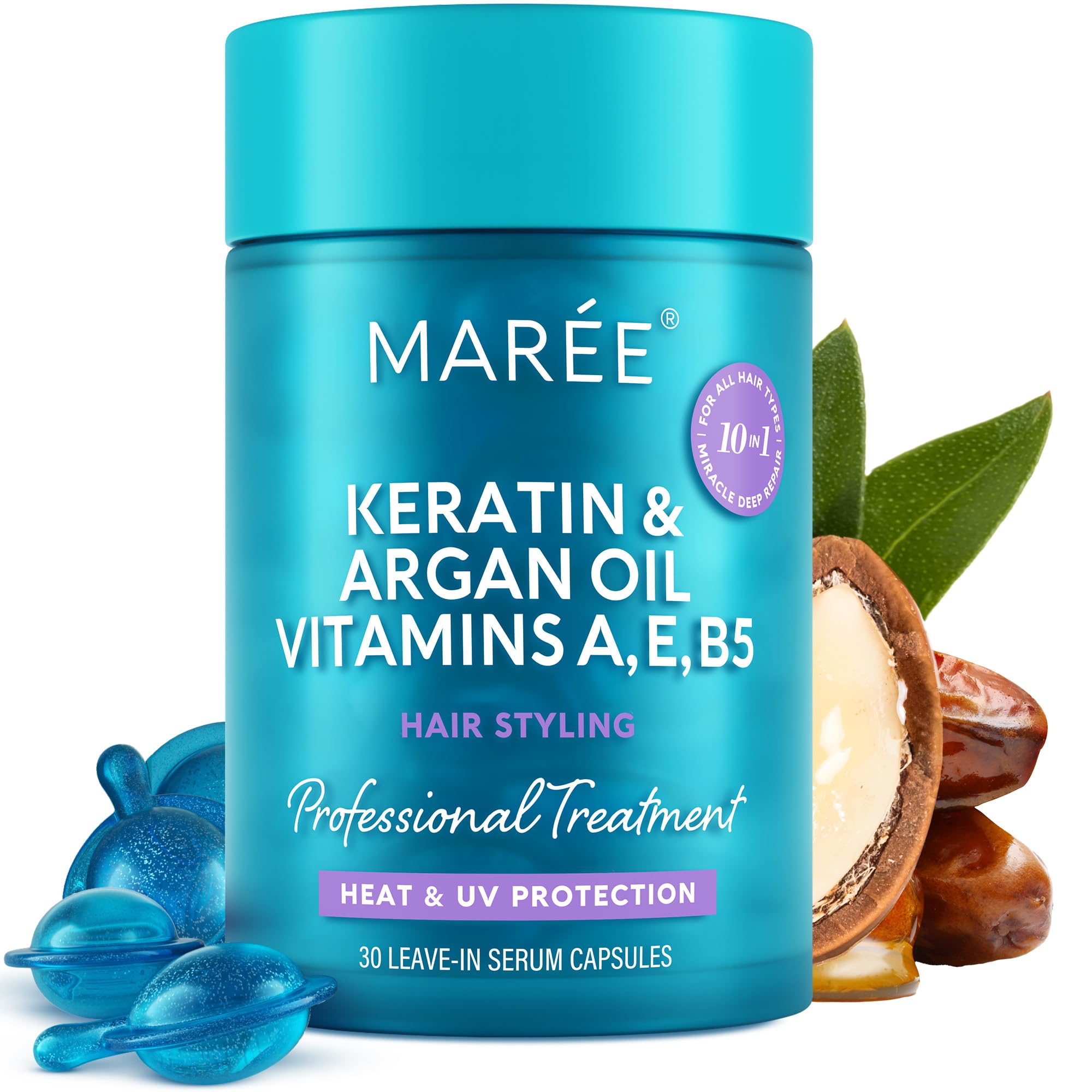 Blue jar of Marée hair serum with argan oil, keratin, and capsules, surrounded by nuts and leaves.