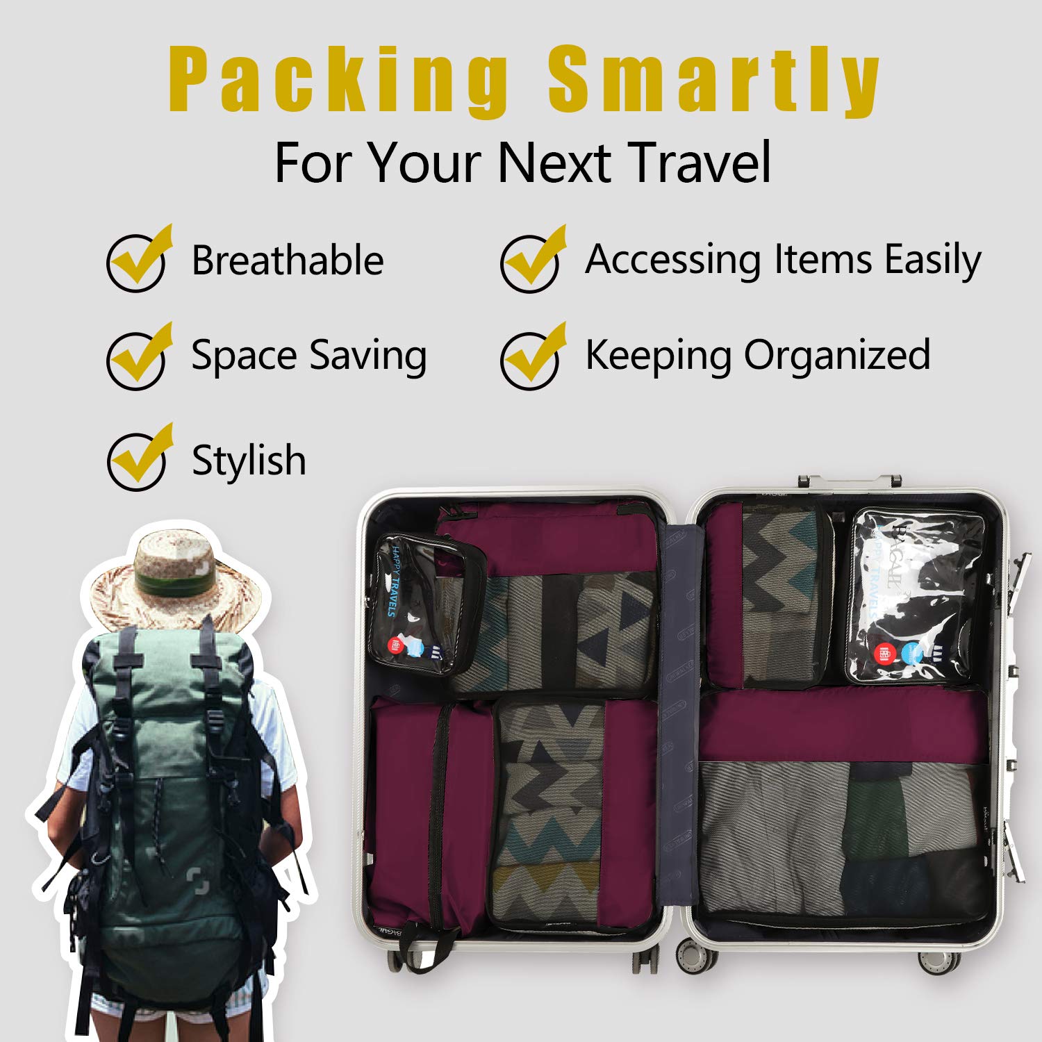 BAGAIL Travel Cubes: 8/9 Set Packing Organizers -  by Handbags Specialist Headquarter | Available at Handbags Specialist Headquarter