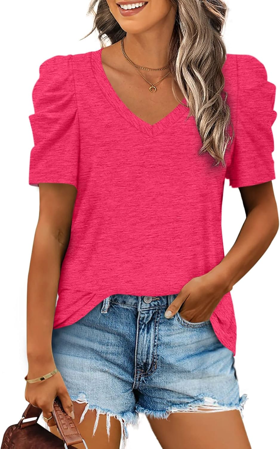 XIEERDUO Summer V-Neck Puff Sleeve Tee - All Sizes - Women's T Shirts by Handbags Specialist Headquarter | Available at Handbags Specialist Headquarter