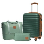 Green luggage set with a rolling suitcase, tote bag, and pouch; tan accents and silver zippers.