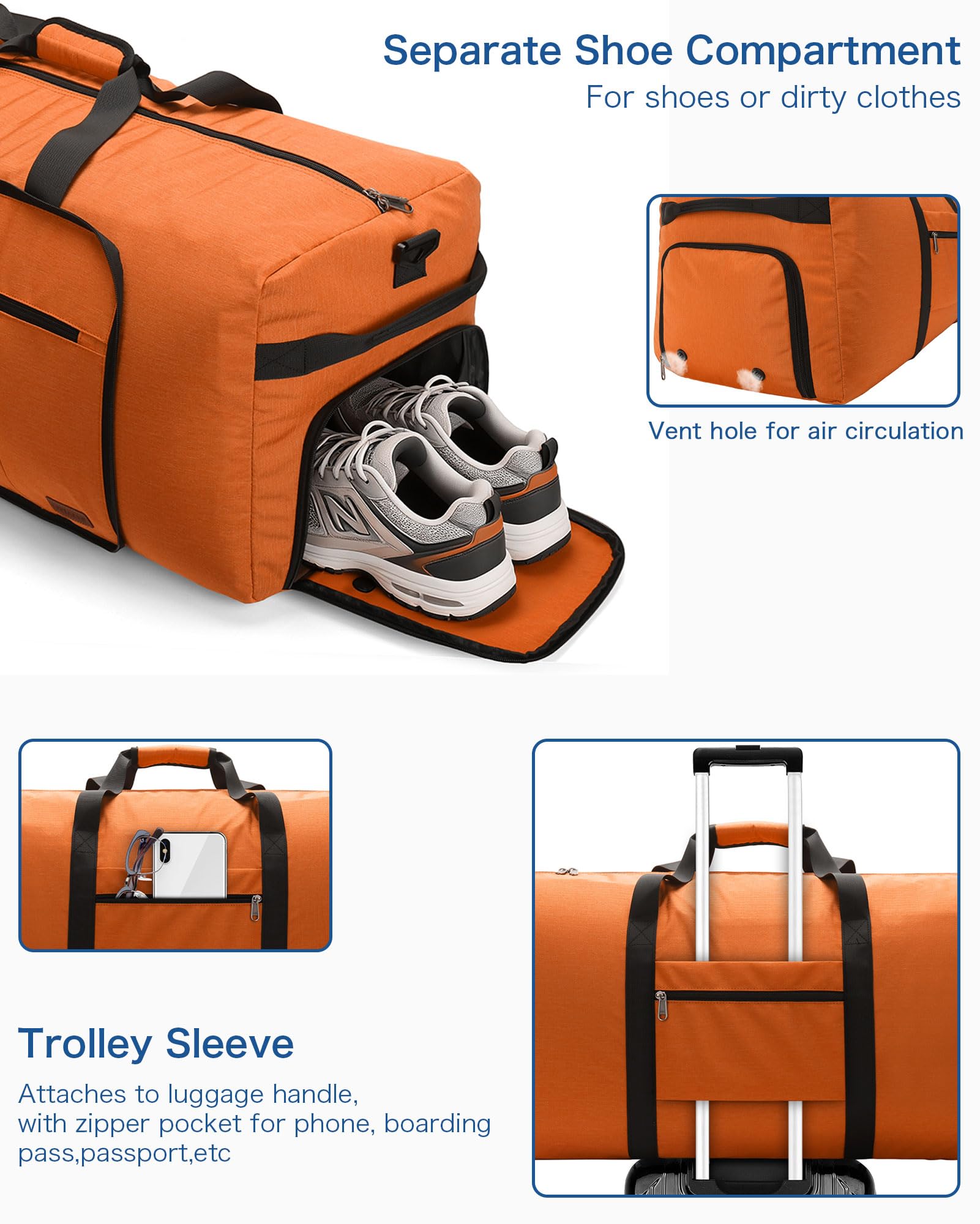 120L Foldable Waterproof Travel Duffel Bag with Shoe Compartment
