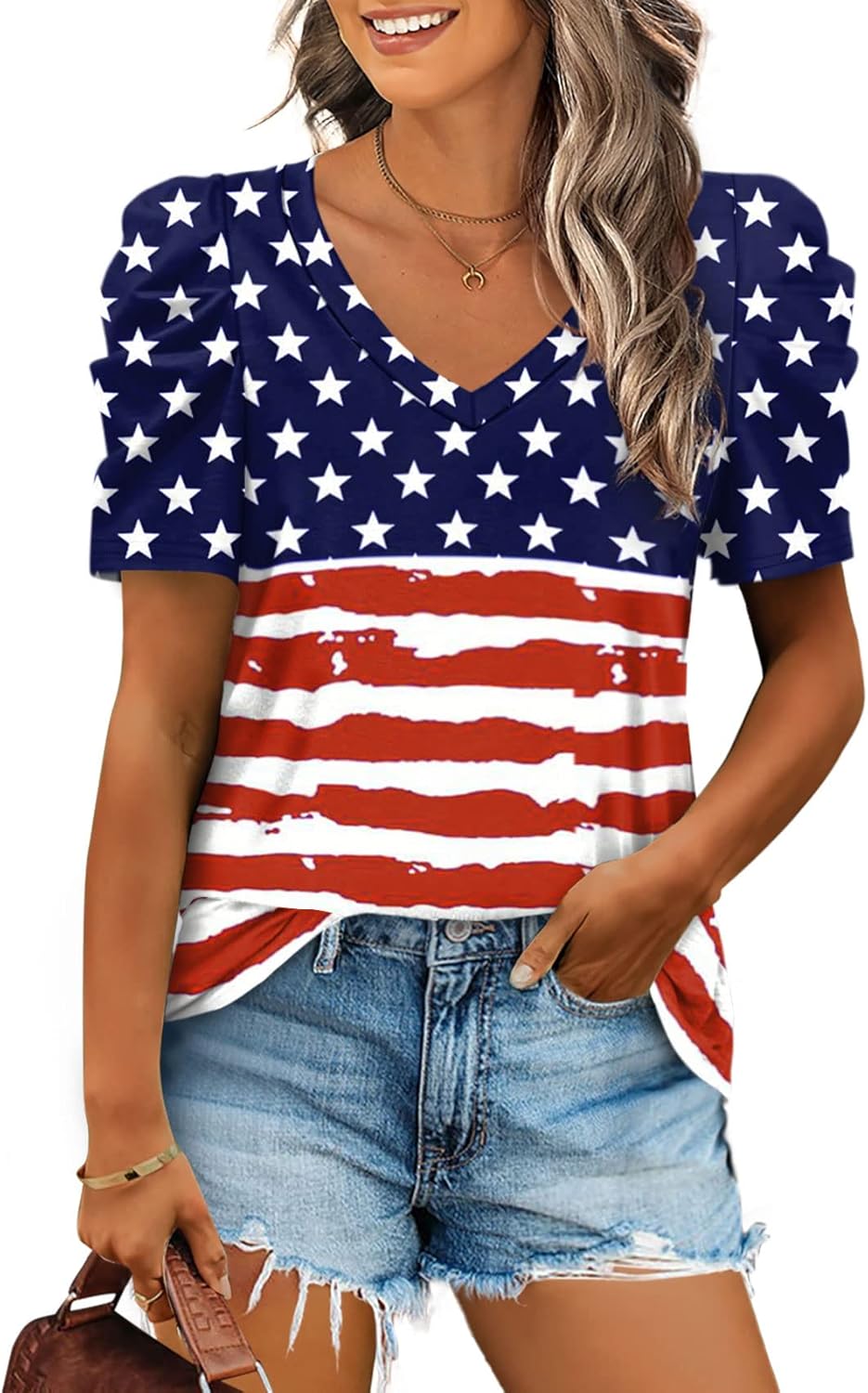 XIEERDUO Summer V-Neck Puff Sleeve Tee - All Sizes - Women's T Shirts by Handbags Specialist Headquarter | Available at Handbags Specialist Headquarter