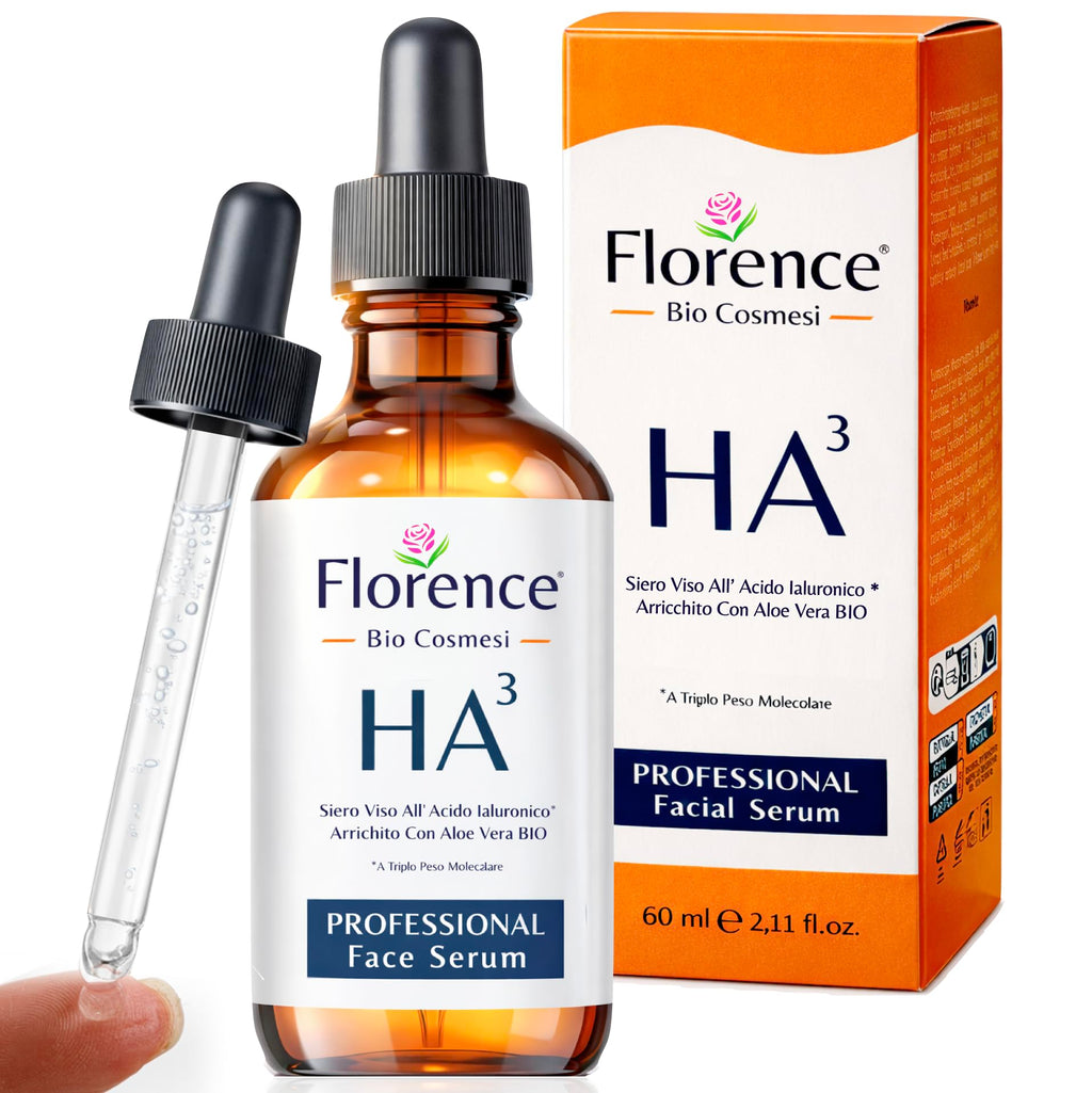 Brown glass serum bottle with dropper, white label, and orange box with "HA³" text.