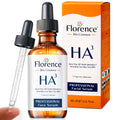 Brown glass serum bottle with dropper, white label, and orange box with "HA³" text.