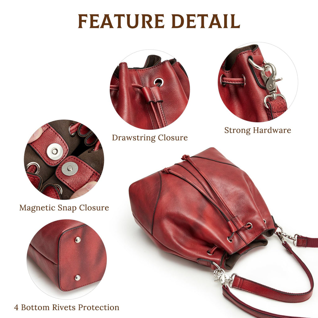 S-ZONE Luxe Leather Drawstring Bucket Bag -  by Handbags Specialist Headquarter | Available at Handbags Specialist Headquarter