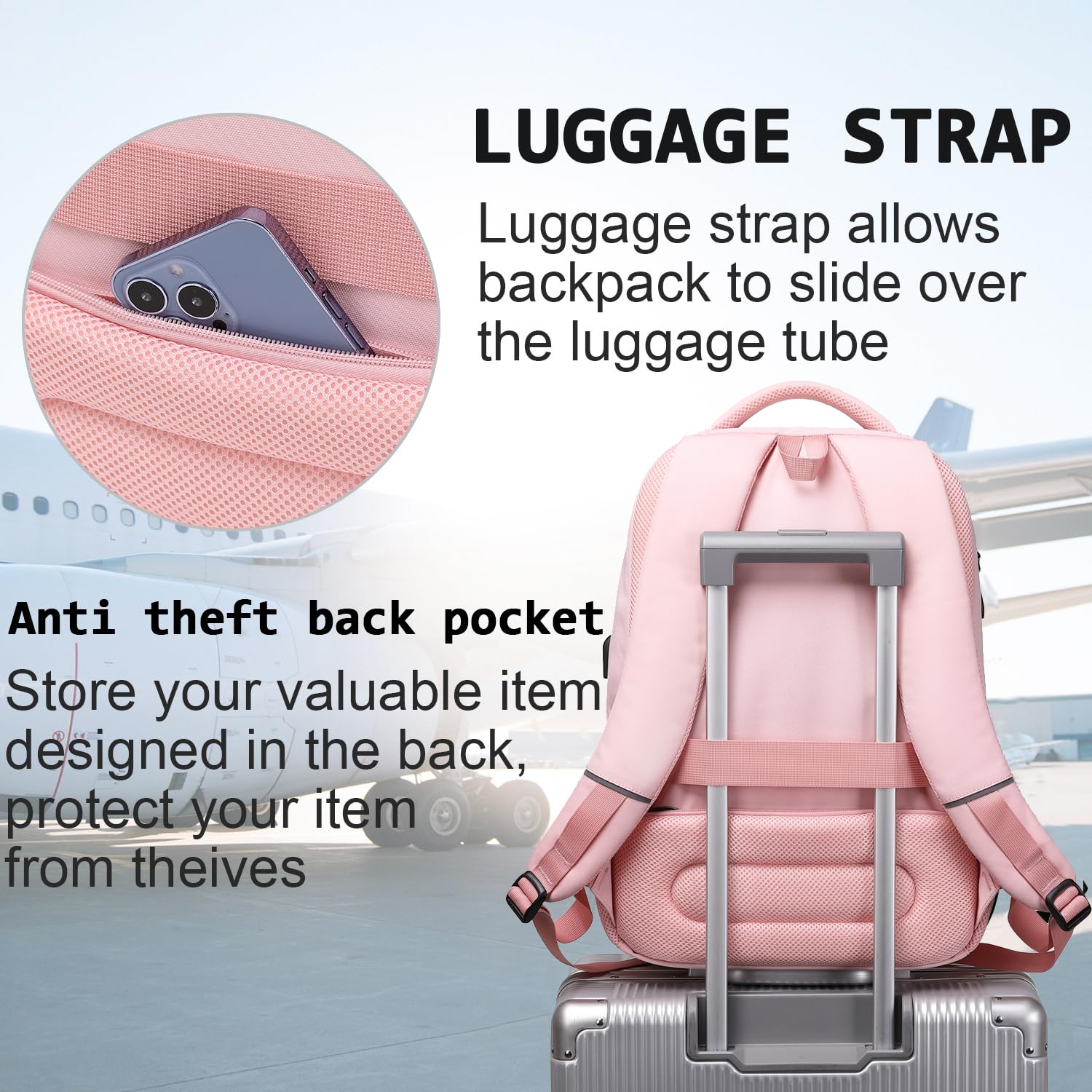 Volher Anti-Theft USB Laptop Backpack - Rose Red
