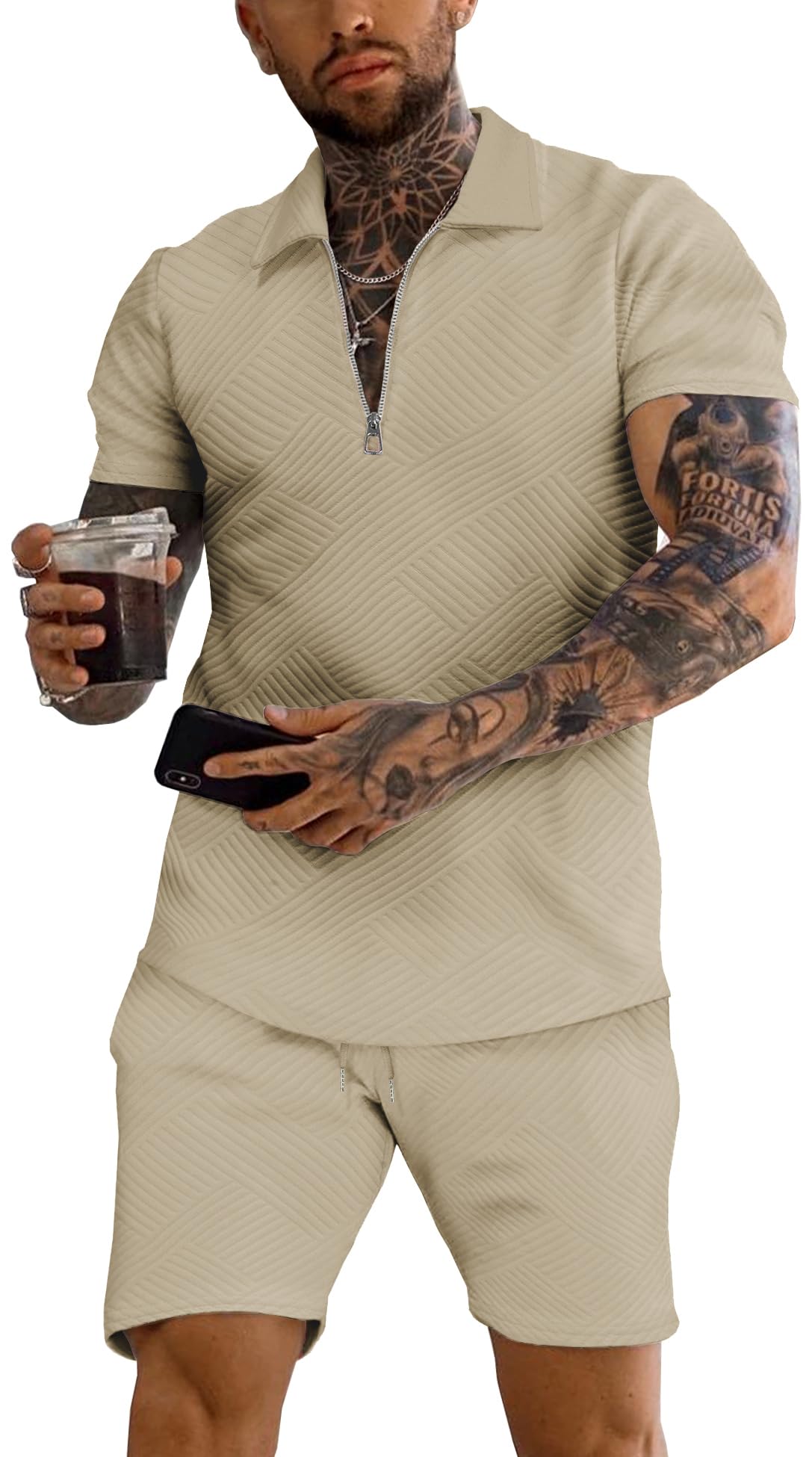 URRU Men's 2-Piece 3D Textured Polo & Shorts Set
