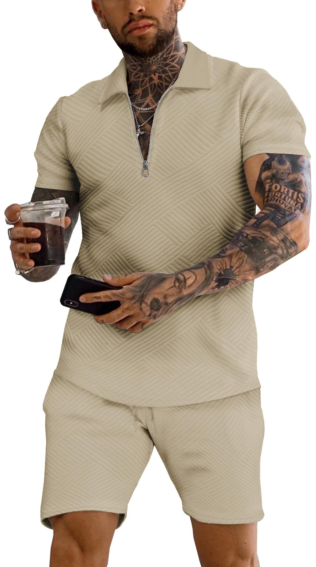 URRU Men's 2-Piece 3D Textured Polo & Shorts Set