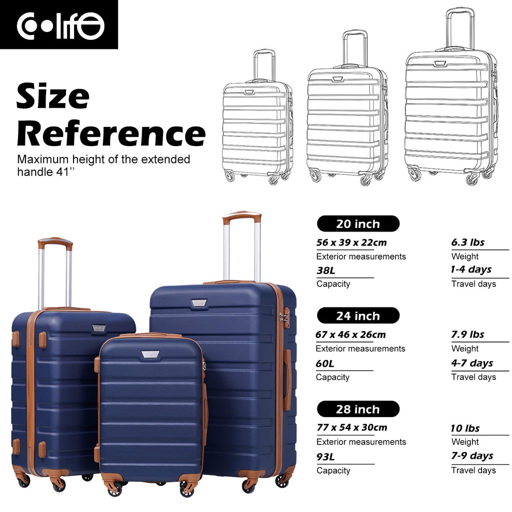 Coolife 3-Piece Hardshell Luggage Set - Navy
