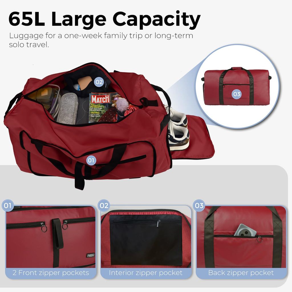 Foldable 65L Duffle Bag with Shoe Compartment