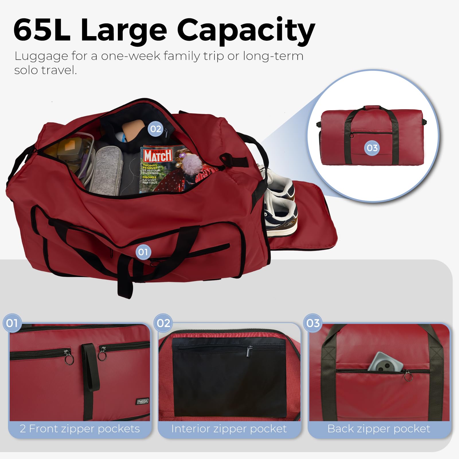 Foldable 65L Duffle Bag with Shoe Compartment