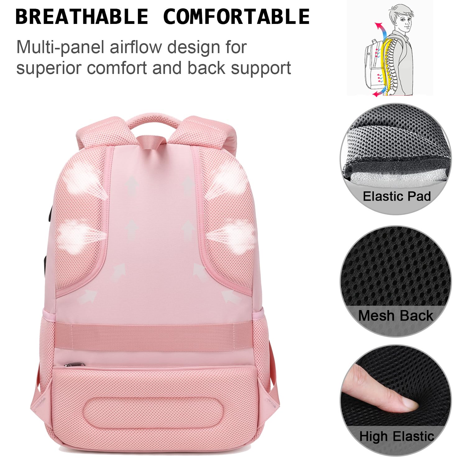 Volher Anti-Theft USB Laptop Backpack - Rose Red