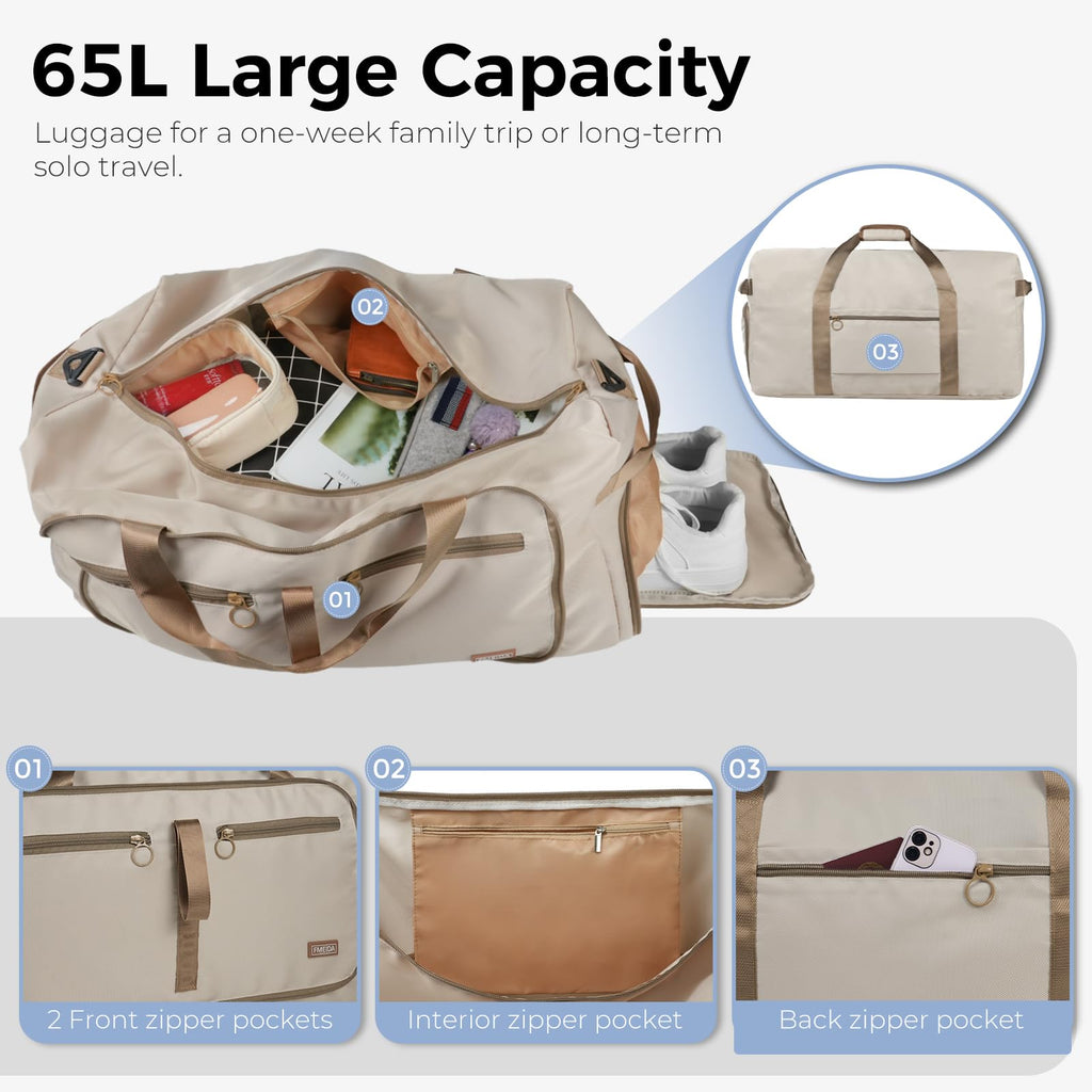 Foldable 65L Duffle Bag with Shoe Compartment