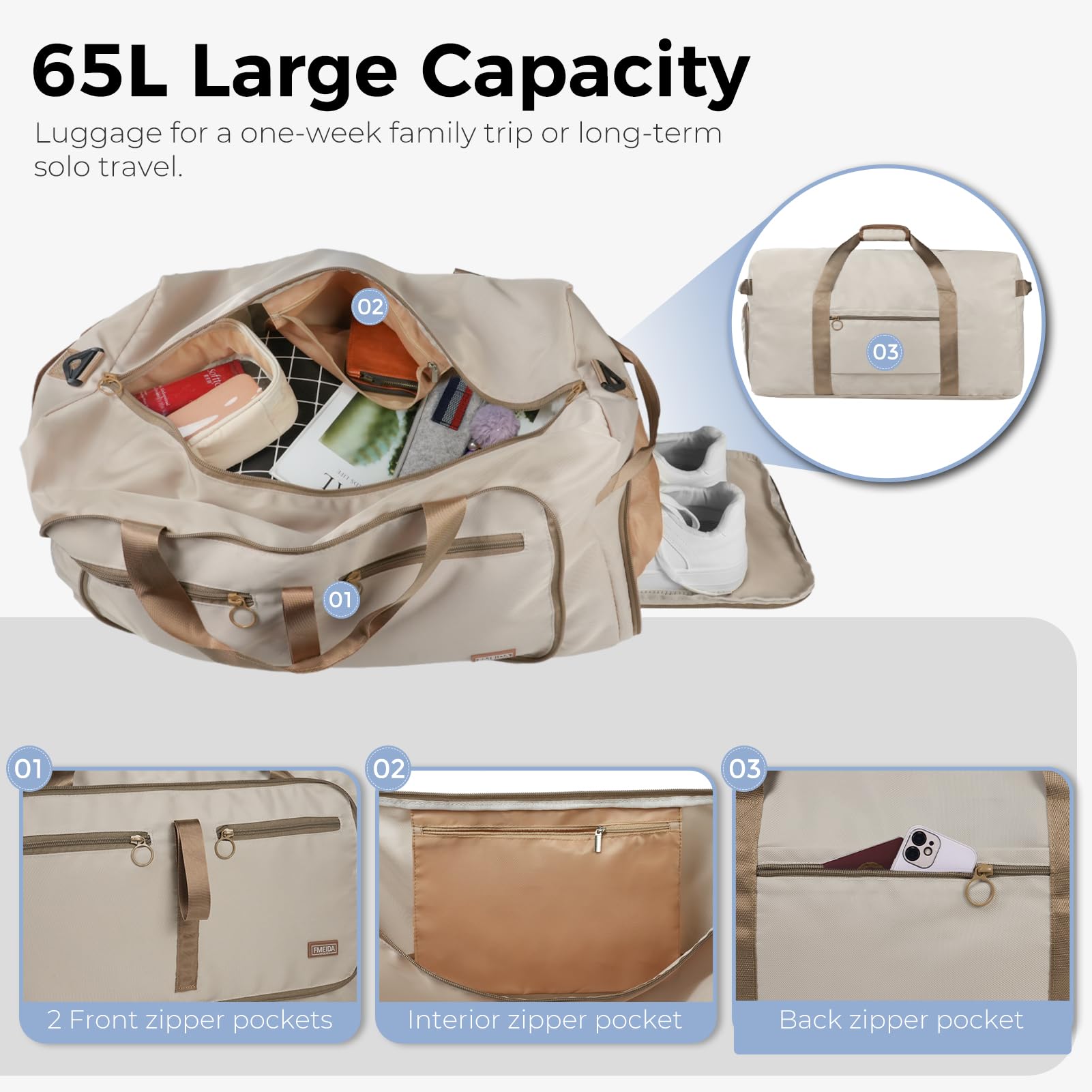 Foldable 65L Duffle Bag with Shoe Compartment