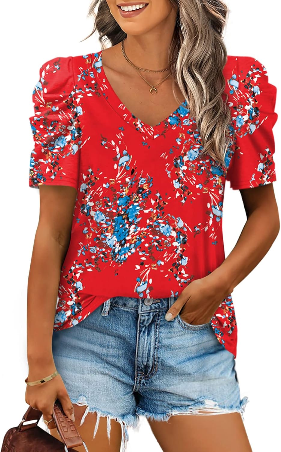 XIEERDUO Summer V-Neck Puff Sleeve Tee - All Sizes - Women's T Shirts by Handbags Specialist Headquarter | Available at Handbags Specialist Headquarter