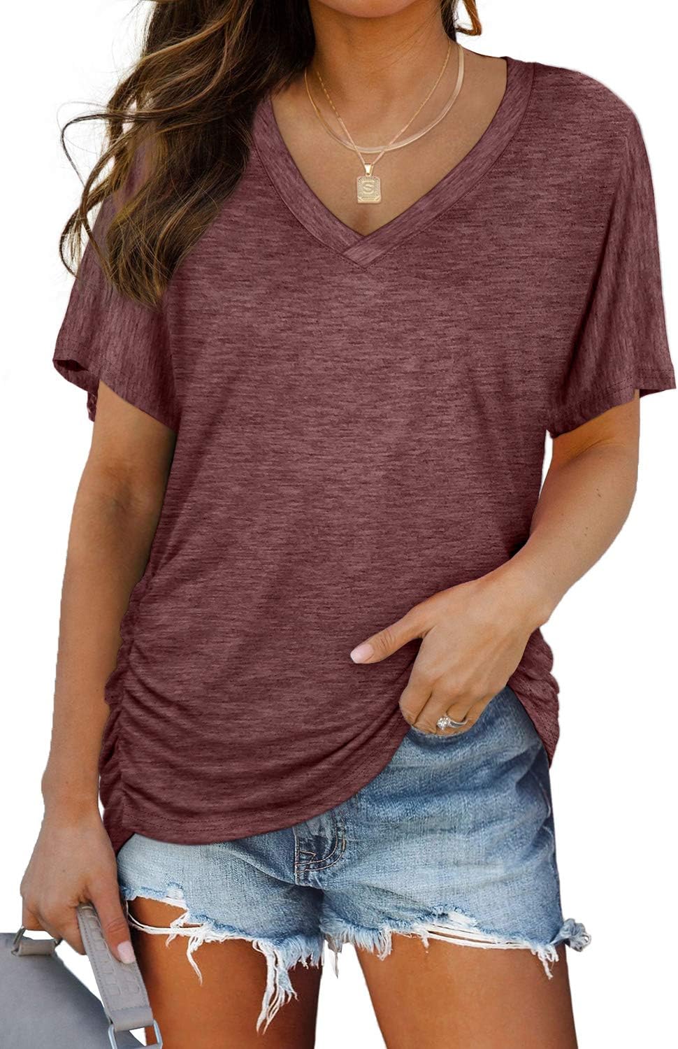 WIHOLL V-Neck Dolman Top with Side Shirring - Women's T Shirts by Handbags Specialist Headquarter | Available at Handbags Specialist Headquarter