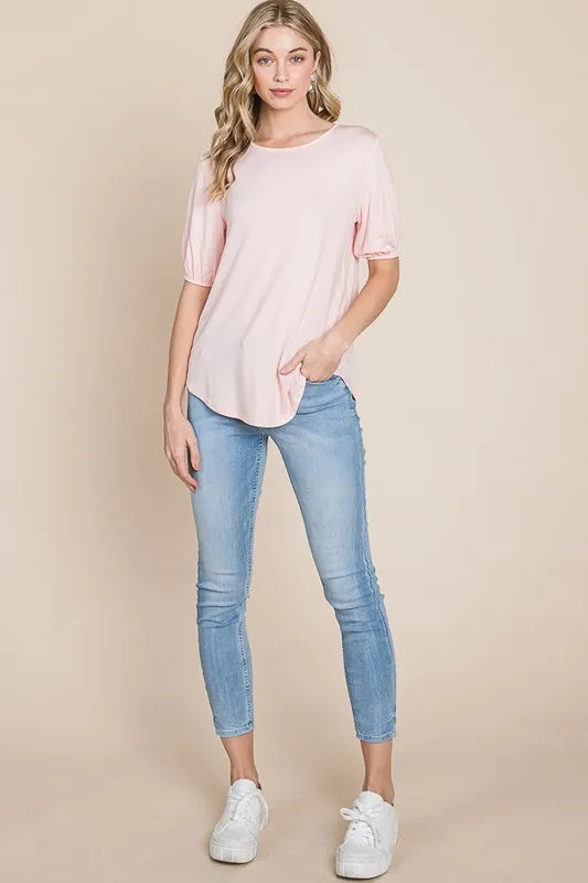 BOMBOM Round Neck Puff Sleeve T-Shirt - Tops by Trendsi | Available at Handbags Specialist Headquarter