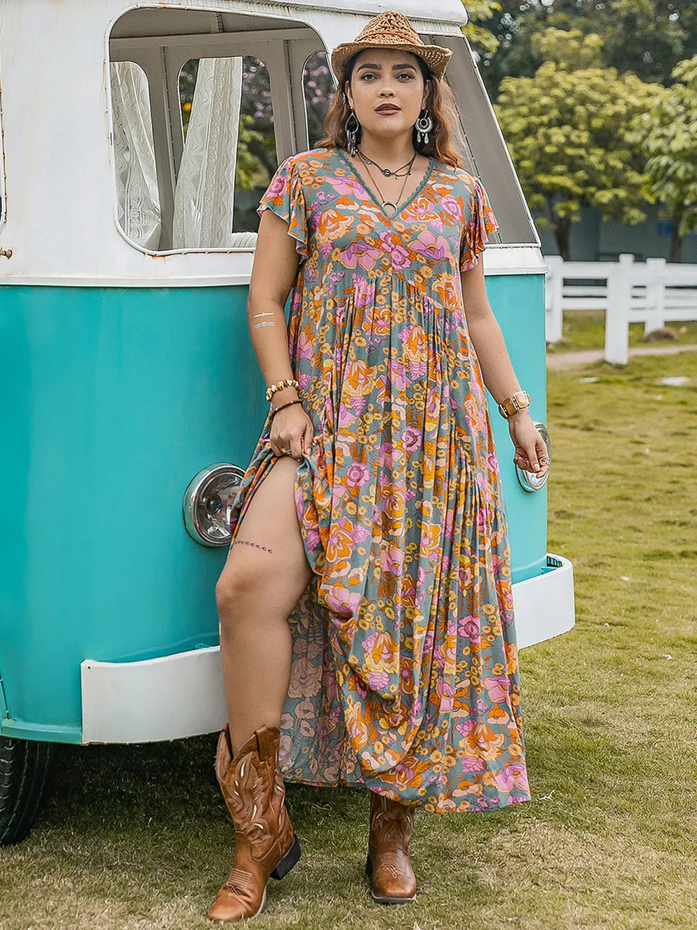 Plus Size Ruffled Printed Cap Sleeve Dress - Dresses by Trendsi | Available at Handbags Specialist Headquarter