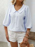 Striped Button Down 3/4 Sleeve Shirt - Women's Down Shirt Tops by Trendsi | Available at Handbags Specialist Headquarter