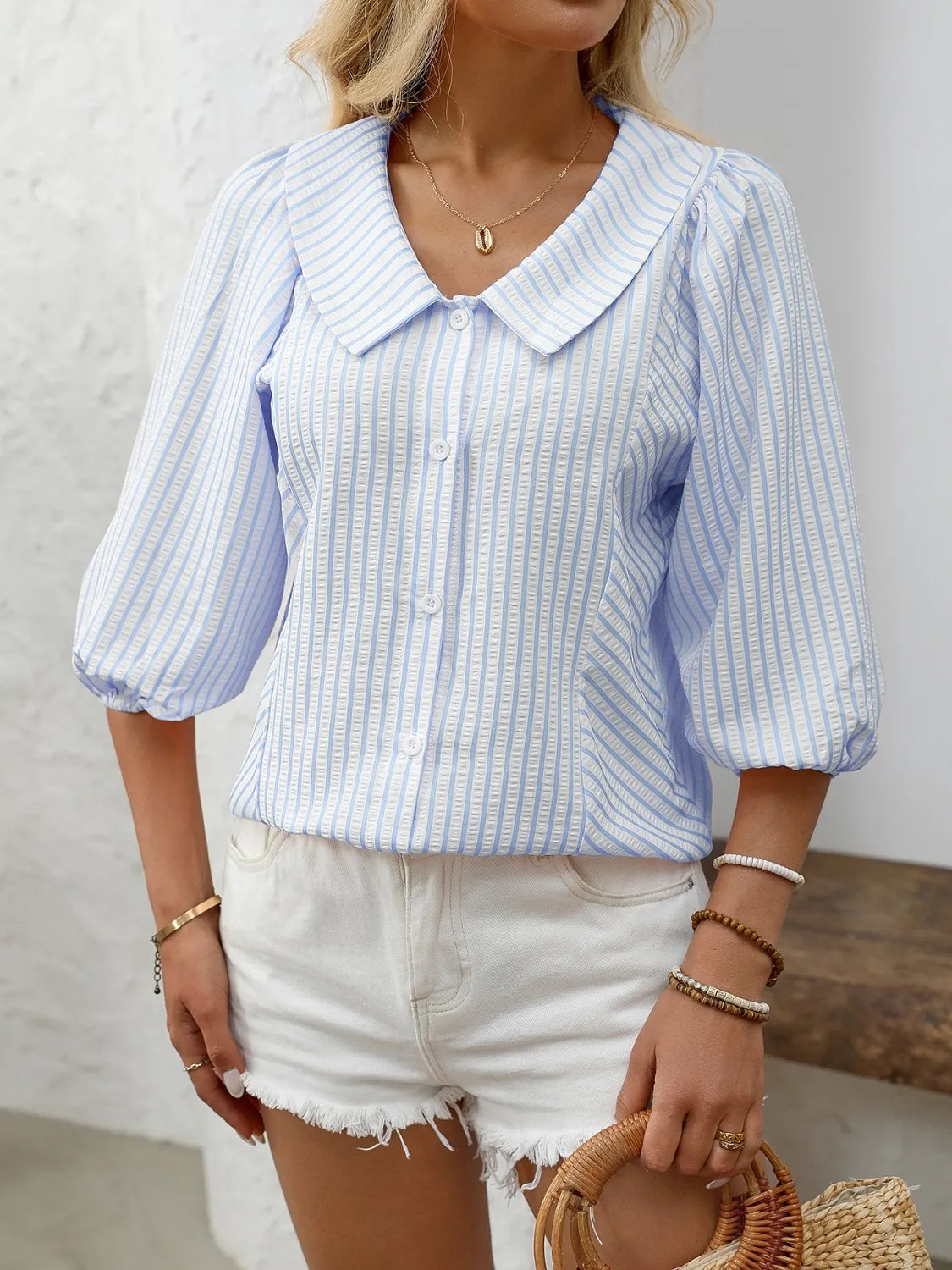 Striped Button Down 3/4 Sleeve Shirt - Women's Down Shirt Tops by Trendsi | Available at Handbags Specialist Headquarter