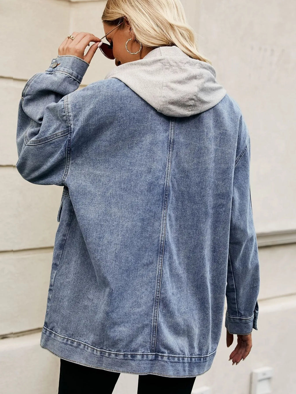 Oversized Button Up Denim Jacket with Hood - Tops by Trendsi | Available at Handbags Specialist Headquarter