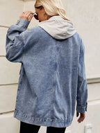 Oversized Button Up Denim Jacket with Hood - Tops by Trendsi | Available at Handbags Specialist Headquarter