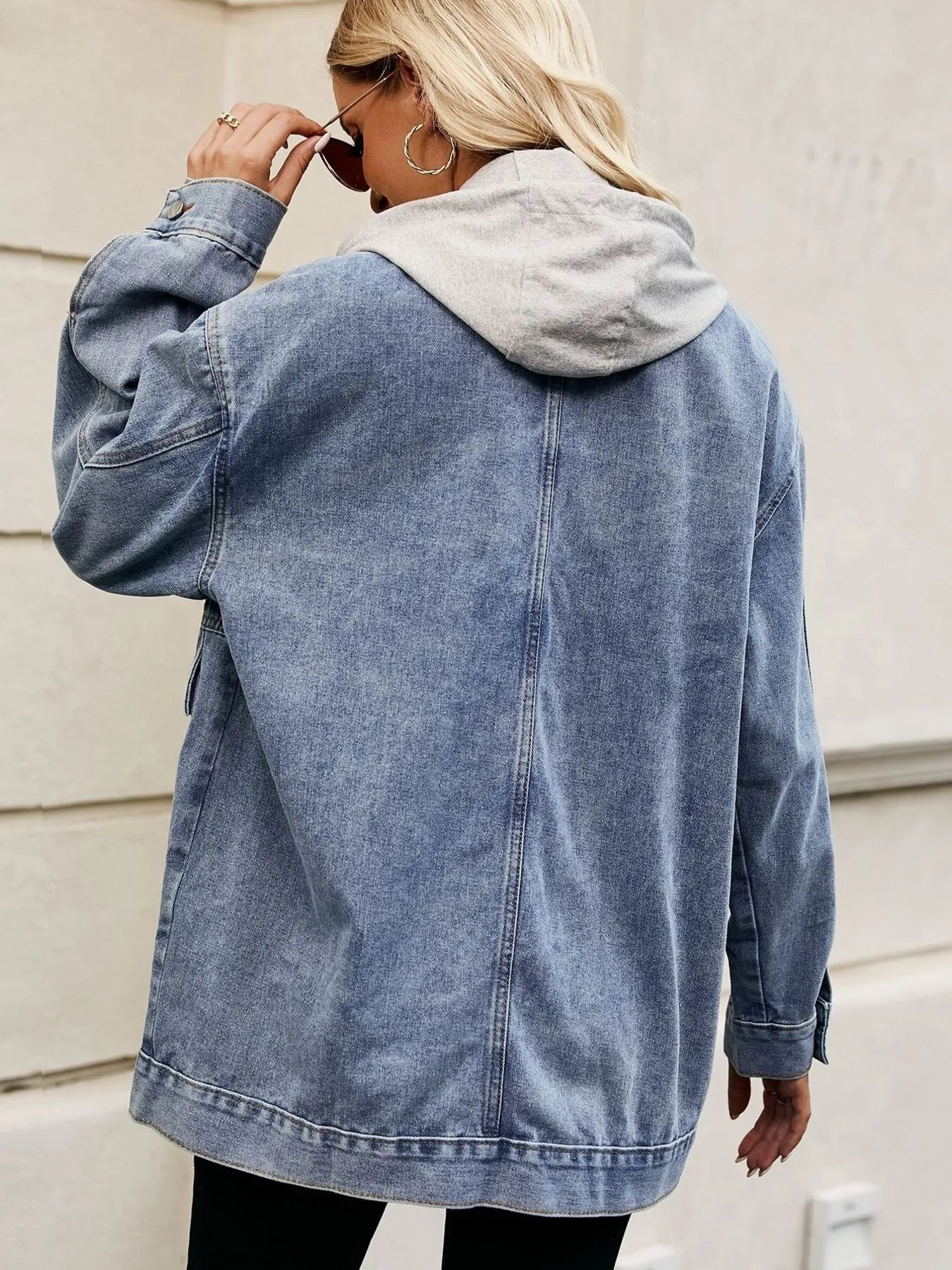 Oversized Button Up Denim Jacket with Hood - Tops by Trendsi | Available at Handbags Specialist Headquarter