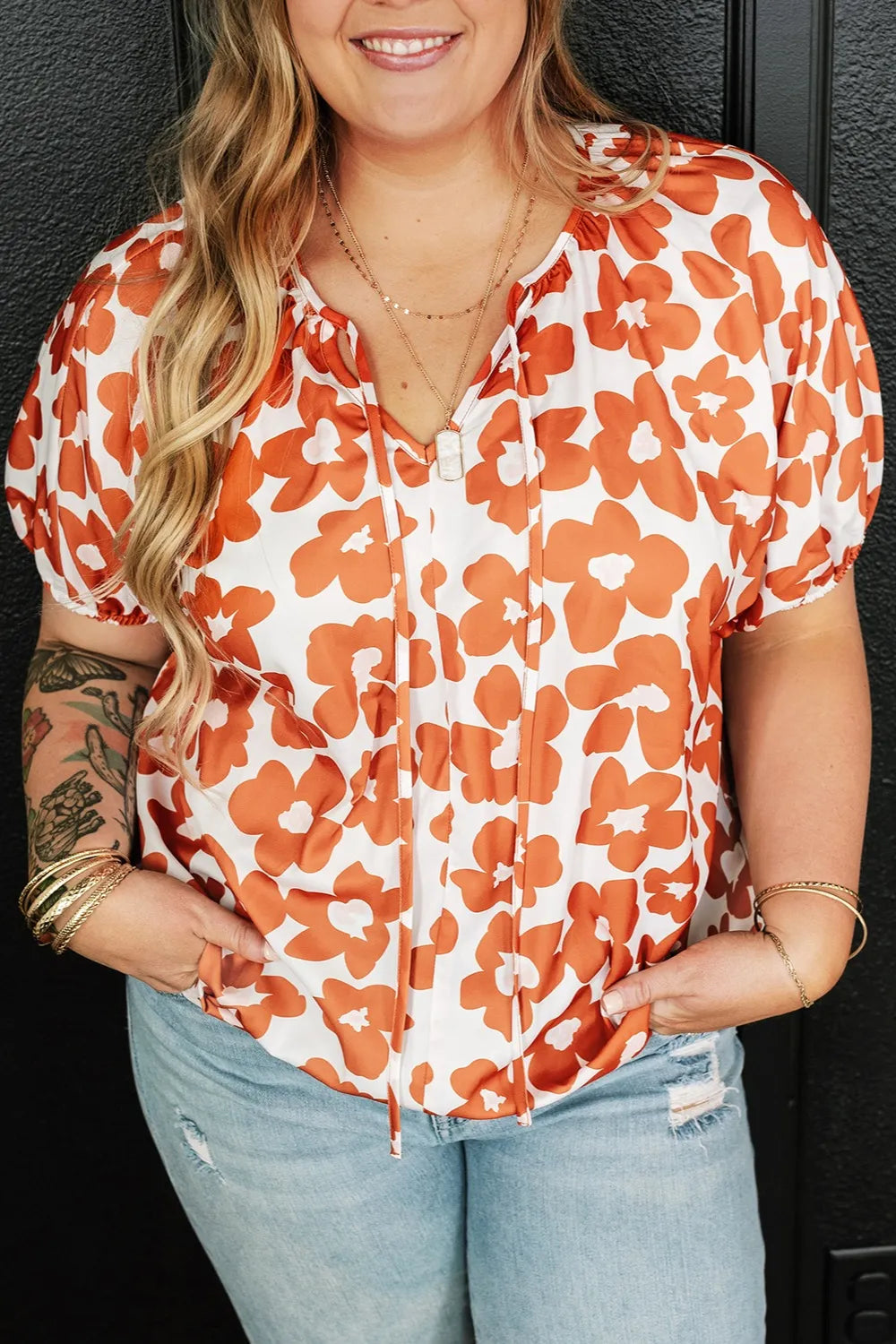 Plus Size Printed Tie Neck Short Sleeve Blouse - Plus Size Shirts by Trendsi | Available at Handbags Specialist Headquarter