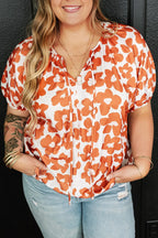 Plus Size Printed Tie Neck Short Sleeve Blouse - Plus Size Shirts by Trendsi | Available at Handbags Specialist Headquarter