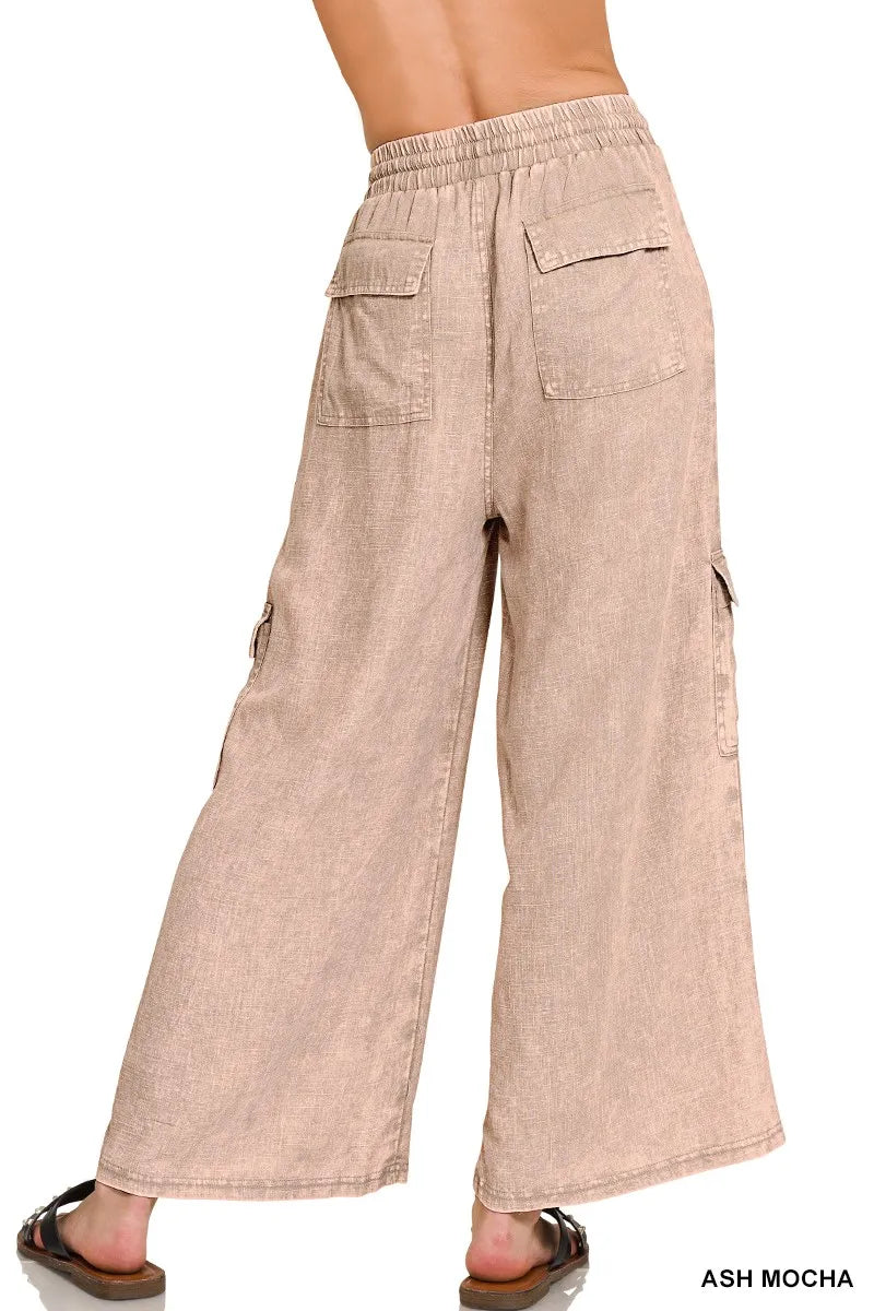 Zenana Washed Linen Elastic Band Waist Cargo Pants - Women Pants by Trendsi | Available at Handbags Specialist Headquarter