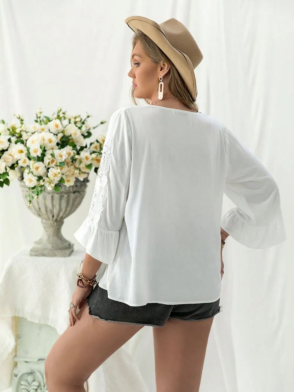 Plus Size Lace Detail V-Neck Three-Quarter Sleeve Blouse - Plus Size Shirts by Trendsi | Available at Handbags Specialist Headquarter