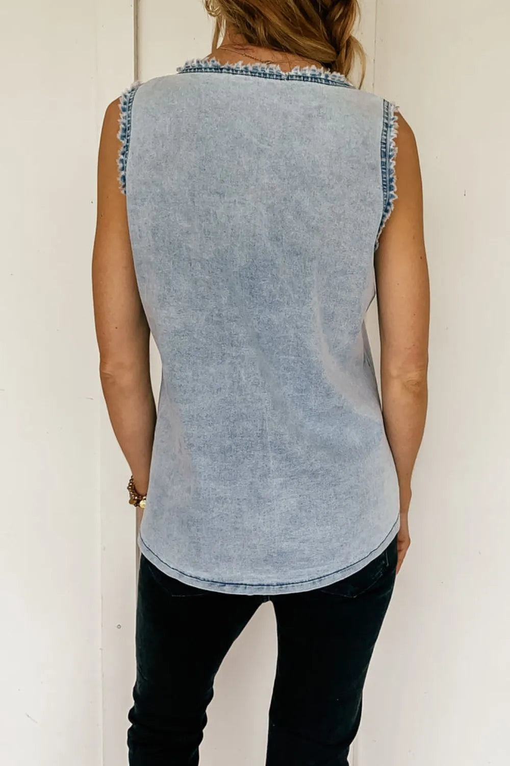 Mineral Wash Denim Frayed U Neck Sleeveless Top - Women / Jeans & Denim by Trendsi | Available at Handbags Specialist Headquarter